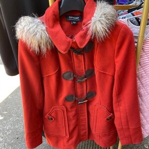 Coffeeshop coat with removable fur hood. Large.